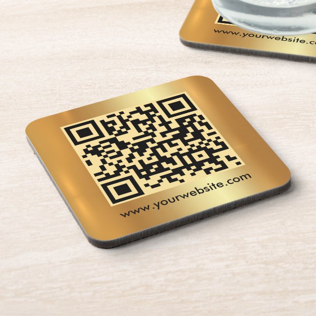 Your Custom Text QR Code Gold Square Template Coaster (Left Side)