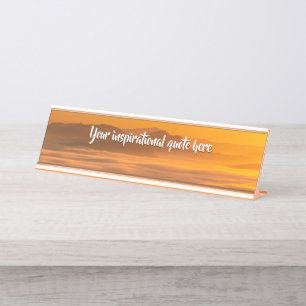 Your custom text sunrise above foggy landscape desk name plate