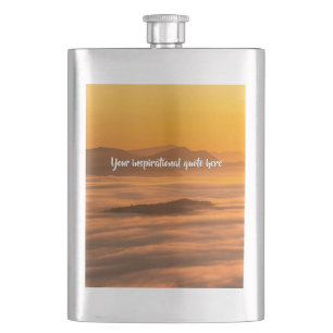Your custom text sunrise above foggy landscape hip flask