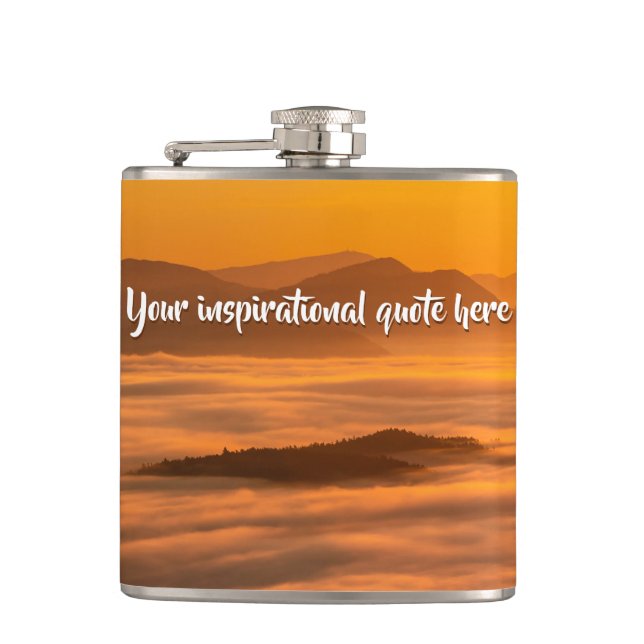 Your custom text sunrise above foggy landscape hip flask (Front)