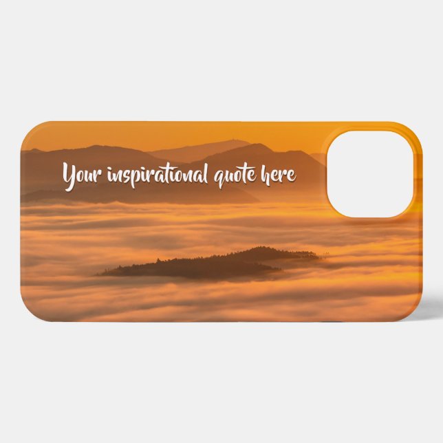 Your custom text sunrise above foggy landscape iPhone case (Back Horizontal)