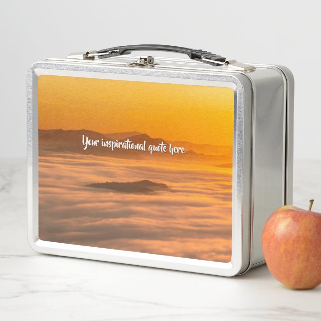 Your custom text sunrise above foggy landscape metal lunch box (In Situ)