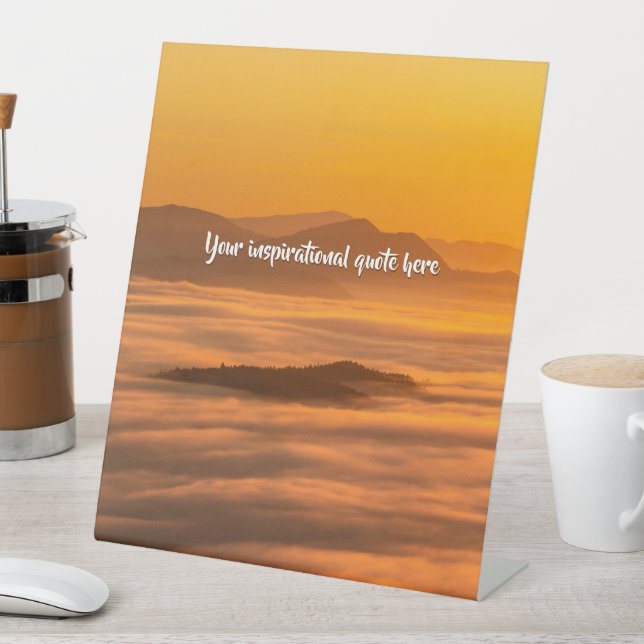 Your custom text sunrise above foggy landscape pedestal sign (In SItu)