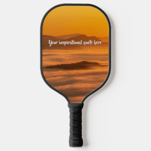 Your custom text sunrise above foggy landscape pickleball paddle