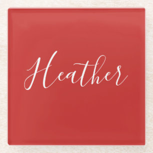 Your Custom White Script on Red Glass Coaster