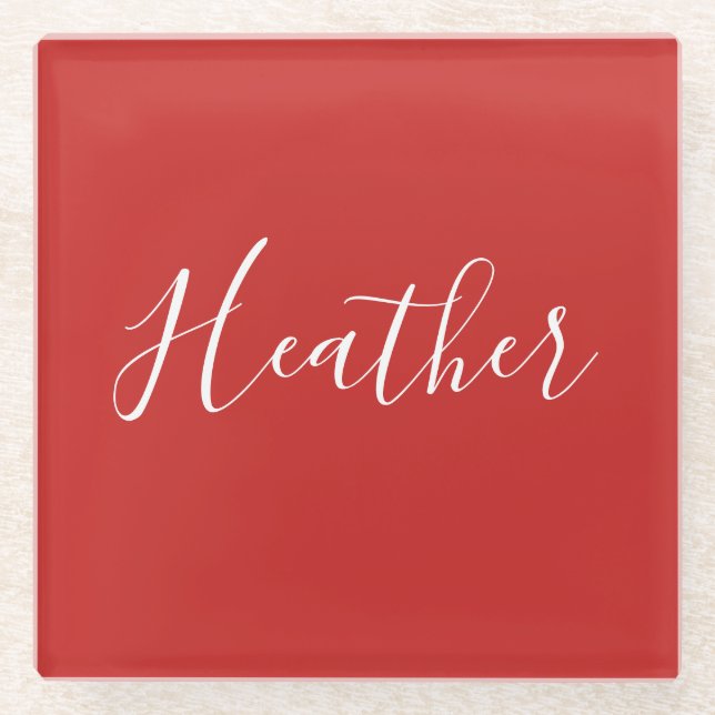 Your Custom White Script on Red Glass Coaster (Front)