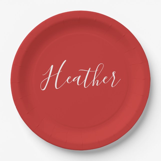 Your Custom White Script on Red Paper Plate (Front)
