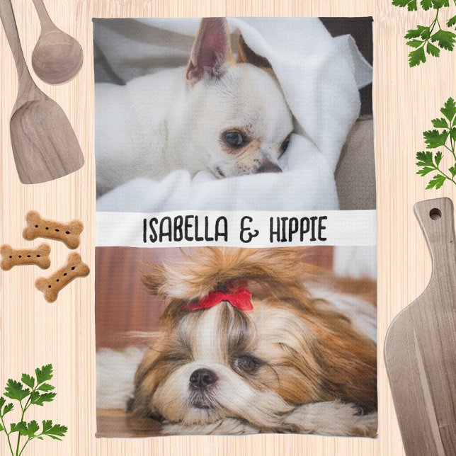 Your cute pet dog puppy photos custom names text tea towel (Creator Uploaded)