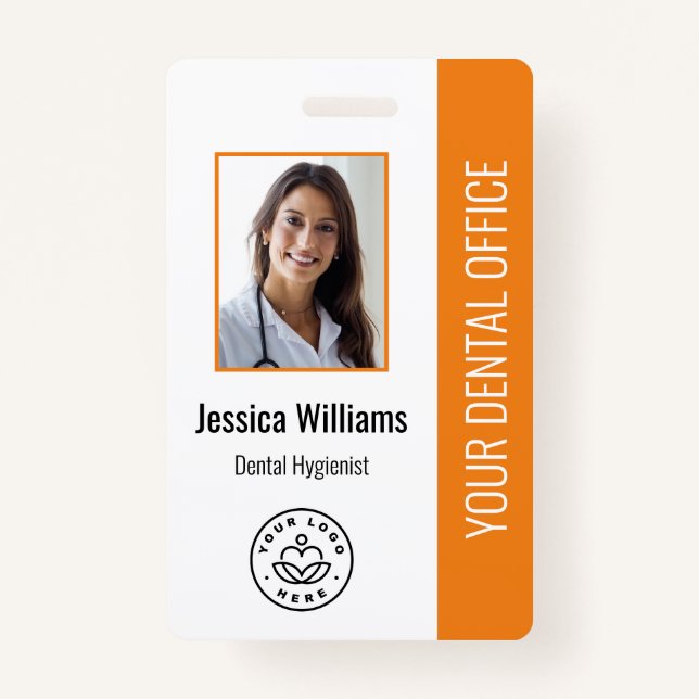 Your Dentist Office Logo Photo ID Orange ID Badge (Front)