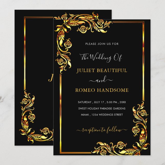 Your Design Black Gold Wedding Invitation Template (Front/Back)