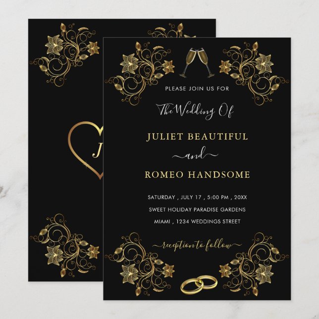Your Design Black Gold Wedding Invitation Template (Front/Back)