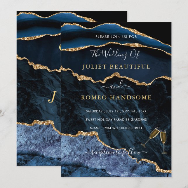 Your Design Blue Gold Wedding Invitation Example (Front/Back)