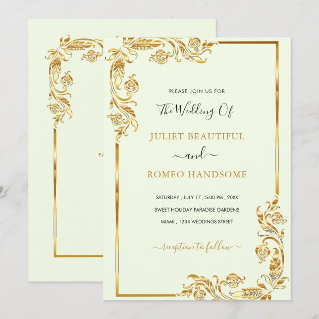Your Design Floral Gold Wedding Invitation Example (Front/Back)
