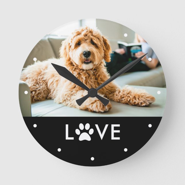 Your Dog or Cat Photo | Love with Paw Print Round Clock (Front)
