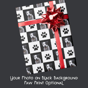 Your Dog Photo and Paw Print Chequered Stylish Wrapping Paper