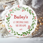 Your Dog Photo Watercolor Wreath 1st Christmas Ornament<br><div class="desc">Celebrate your dog's first Christmas in his or her "fur-ever" home with this cute ornament, featuring a festive watercolor wreath of red berries and green leaves. On one side, easily replace the sample image with a favourite photo of your dog. Customise the other side with your dog's name in red...</div>