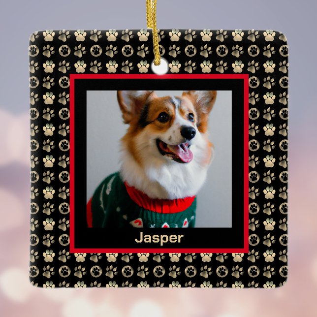 Your Dog Photo with Gold Pawprints on Black Ceramic Ornament (Creator Uploaded)