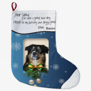 YOUR DOG'S PHOTO Blue Snowflake I've Been Good Large Christmas Stocking