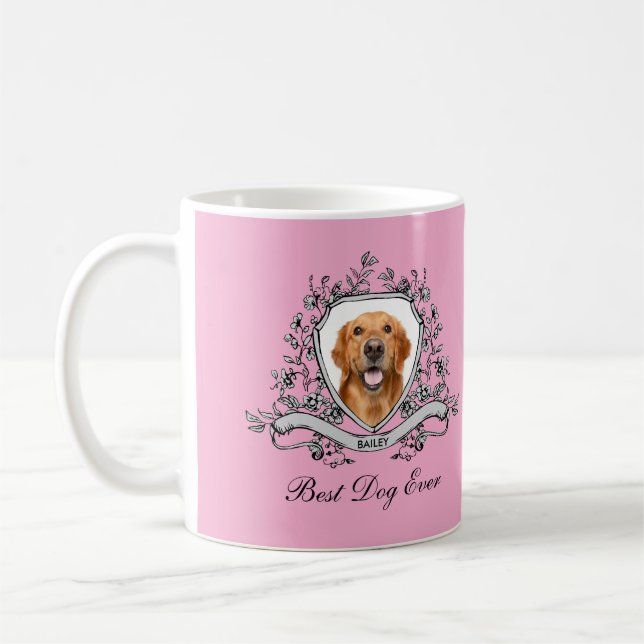 Your Dog's Photo in a Floral Crest | Best Dog Ever Coffee Mug (Left)