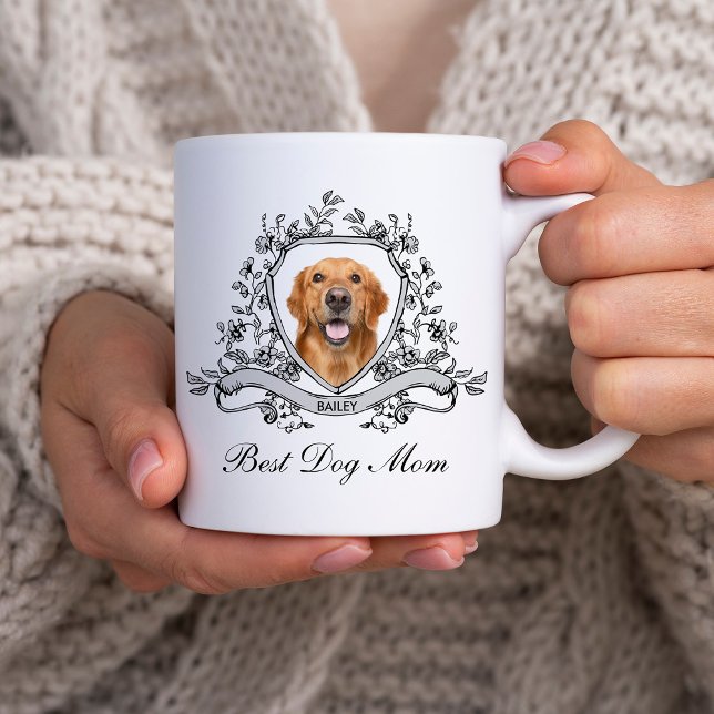 Your Dog's Photo in a Floral Crest | Best Dog Mum Coffee Mug (Creator Uploaded)