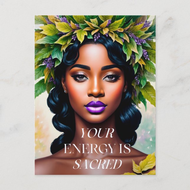 Your Energy is Sacred Black Woman Botanical Art Postcard (Front)