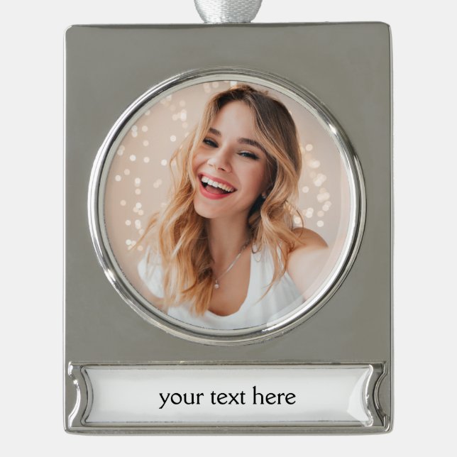 Your face on a birthday silver plated banner ornament (Front)