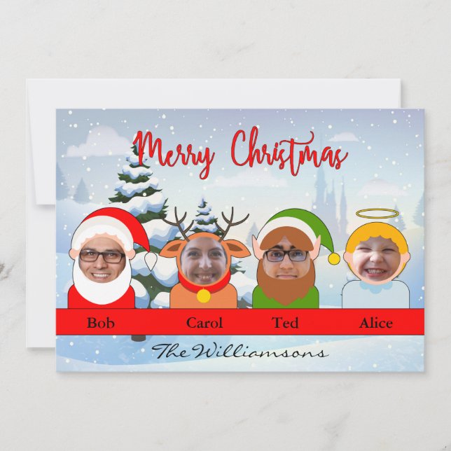 Your Family as Santa Reindeer Elf and Angel Photo Holiday Card (Front)