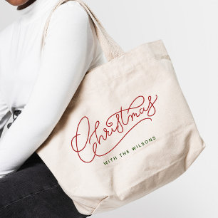 Your Family Christmas Modern Script Family Name Large Tote Bag