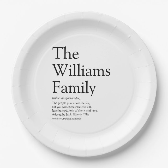 Your Family Definition Modern Black and White Paper Plate (Front)