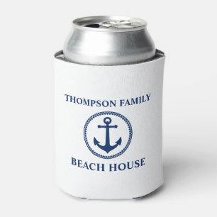 Your Family Name Beach House Sea Anchor White Blue Can Cooler