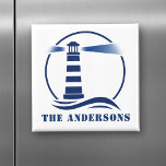 Your Family Name or Text Lighthouse Ocean Waves Magnet<br><div class="desc">Stylish refrigerator magnet with your personalized family name or other text and a custom classic lighthouse with ocean waves in navy blue on white or choose background colors to match your  decor. Makes a great unique gift.</div>