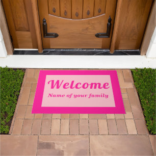 Your Family Name With Welcome on Pink Doormat