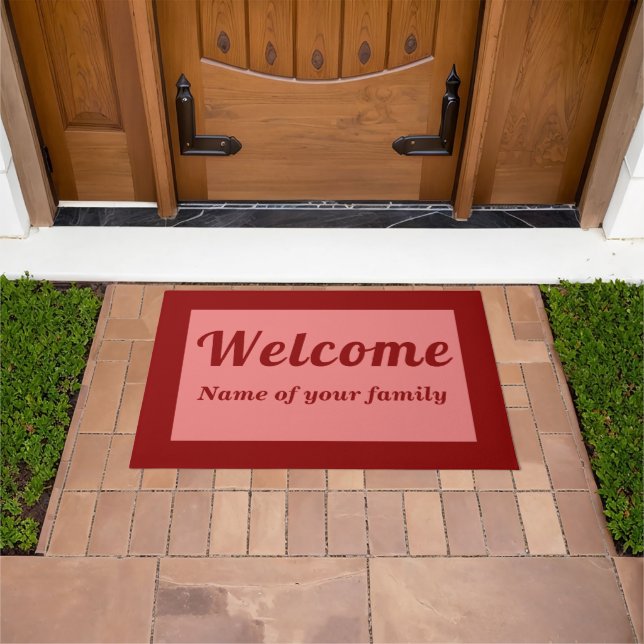 Your Family Name With Welcome on Red Doormat (Outdoor)
