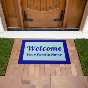 Your Family Name With Welcome Text on Blue Doormat