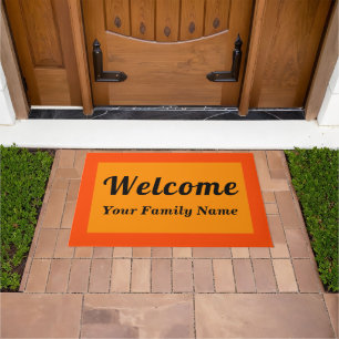 Your Family Name With Welcome Text on Orange Doormat