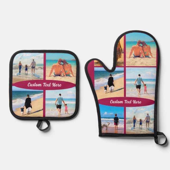 Your Family Photo Collage Custom Text Personalised Oven Mitt & Pot Holder Set (Front)