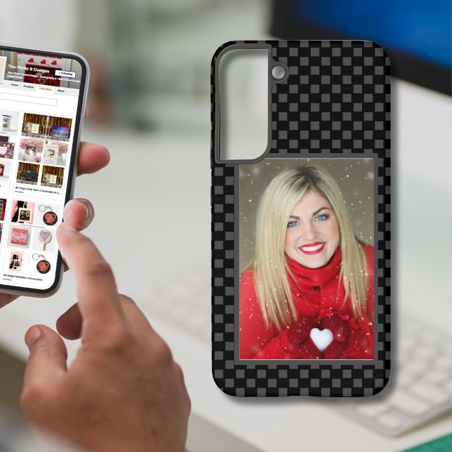 Your Family Photo Grey & Black Chequerboard Samsung Galaxy S22+ Case (Your Family Photo Gray & Black Checkerboard Samsung Galaxy Case)