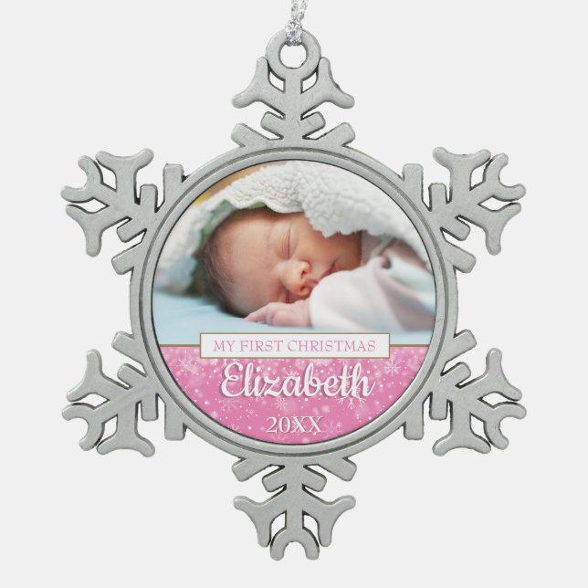 Your Favourite Baby Photo First Christmas Snowflake Pewter Christmas Ornament (Front)