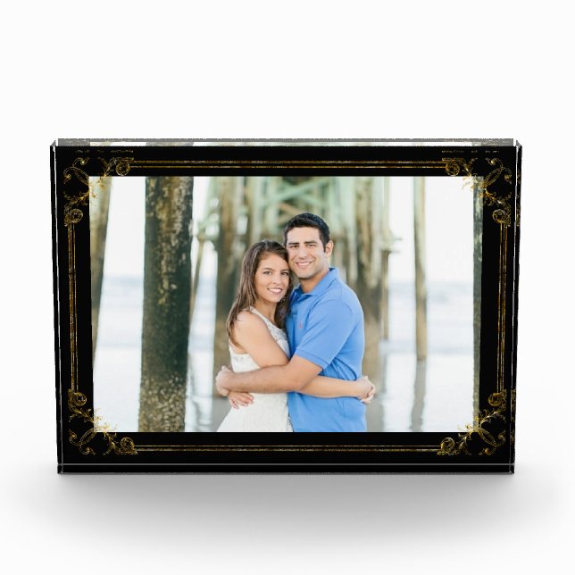 Your Favourite Photo with Thin Gold Frame on Black Block (Front)