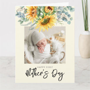 Your First Mother's Day Sunflower Greenery Photo Card