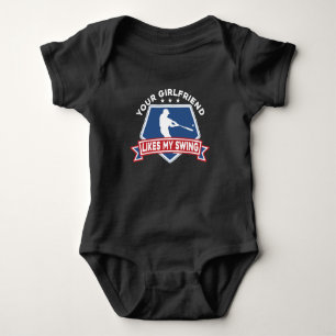 Your Girlfriend likes my swing Baseball Player Baby Bodysuit