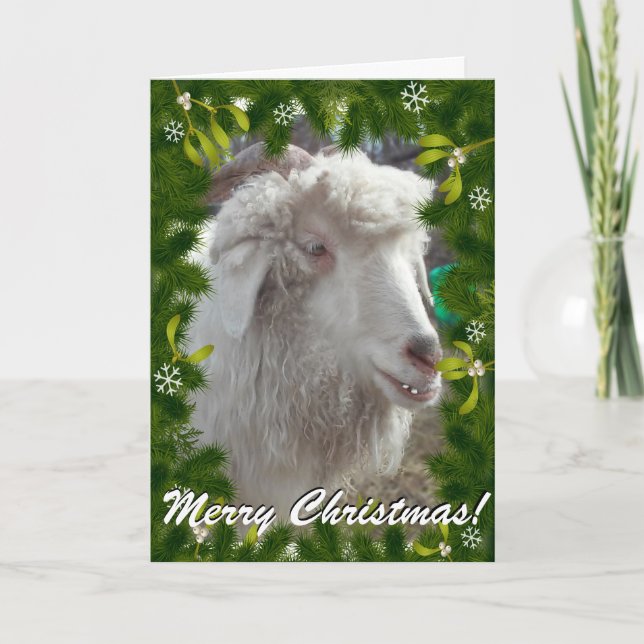 YOUR GOAT PHOTO in this Boughs and Mistletoe Frame Holiday Card (Front)