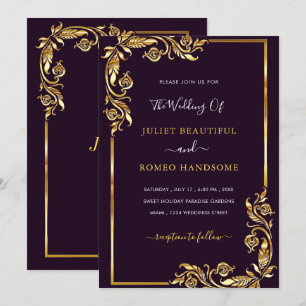 Your Gold Floral Framed Black Wedding Invitation