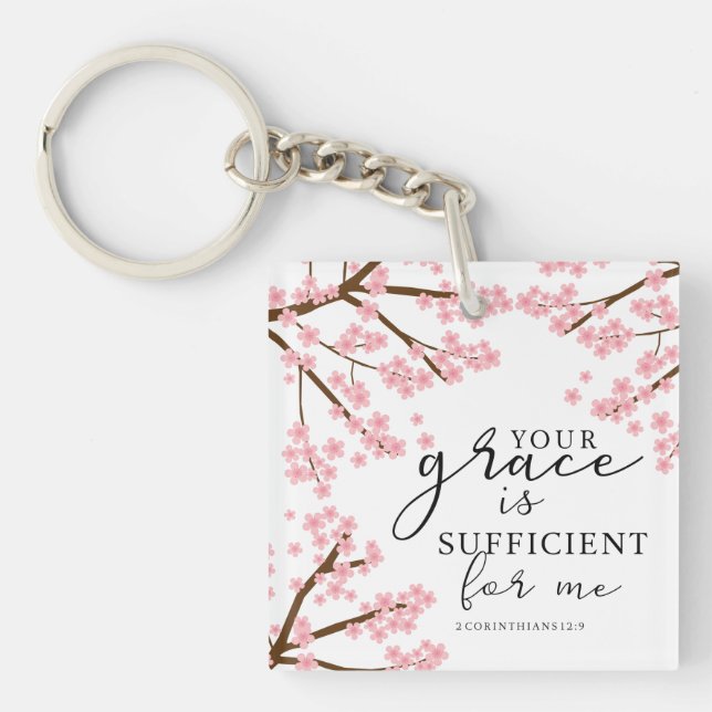 Your Grace is Sufficient Bible Cherry Blossoms Key Ring (Front)