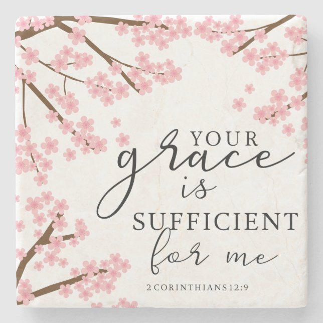 Your Grace is Sufficient Bible Cherry Blossoms Stone Coaster (Front)