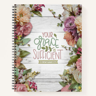 Your Grace is Sufficient with Flowers on Wood Notebook
