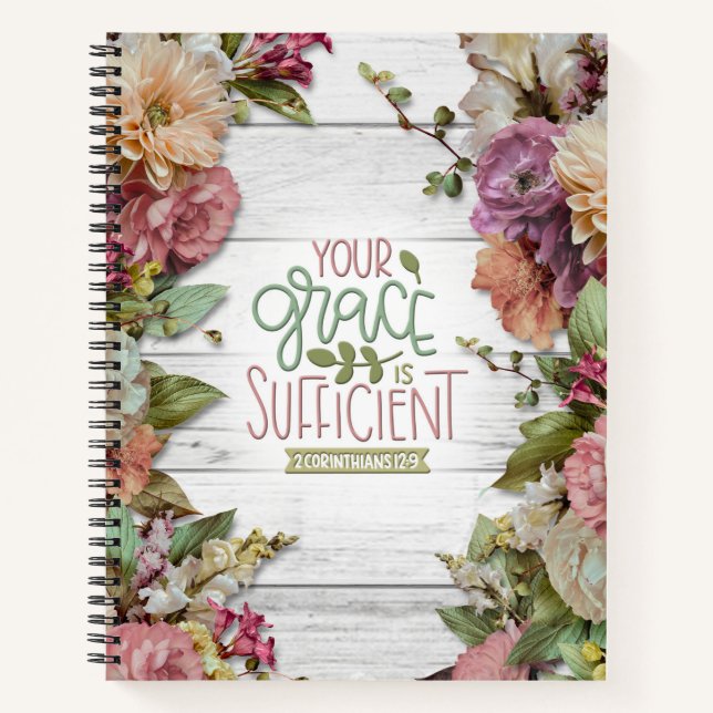 Your Grace is Sufficient with Flowers on Wood Notebook (Front)