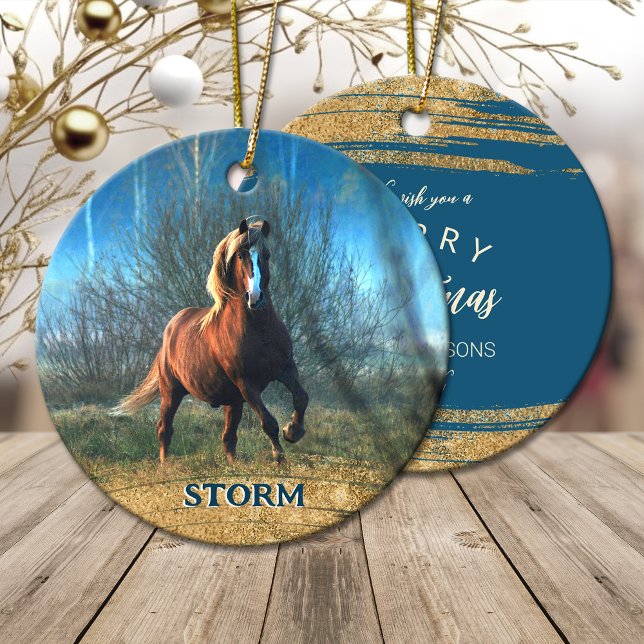 Your horse photo Christmas gold glitter Ceramic Tree Decoration (Your horse photo Christmas gold glitter Ceramic Ornament)