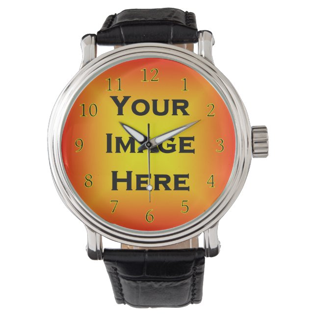 Your Image Thin Black Numbers Yellow Edged Watch (Front)
