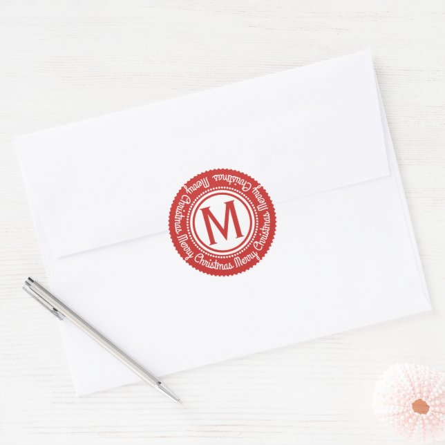 Your Initial | Merry Christmas Festive Red Classic Round Sticker (Envelope)